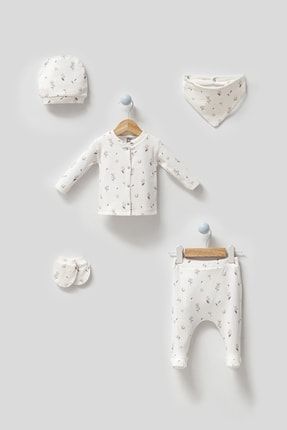 Unisex Bebek Pamuklu Kumaş Pamuk Desen 5 Parça Hastane Çıkışı Zıbın Seti