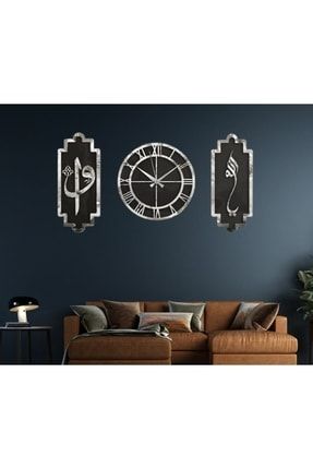 Duvar Saati Modern & Şık Tasarım Mdf Üzeri Siyah & Gümüş Aynalı Pleksi 3lü Seti EYBERRA84