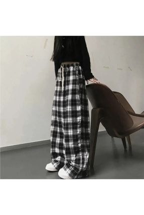 Harajuku Kare Ekose Desenli Siyah Unisex Rahat Kesim Pijama Eşofman Altı