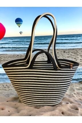Zebra Jüt Hasır Görünümlü Plaj Çantası Jüt Kol Çantası Vegan Çanta