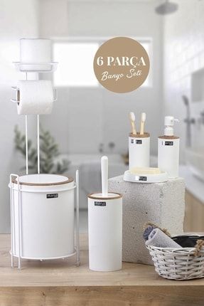 Beyaz Ahşap Desenli Mina Yedekli Wc Kağıtlık ve 6 Parça Banyo Seti
