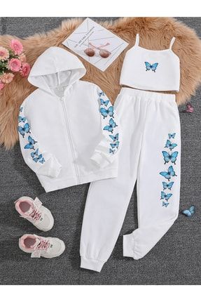Beyaz Kelebek Baskılı Kız Çocuk Fermuarlı Ceket, Crop ve Eşofman Takımı