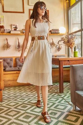 Kadın Taş Beli Lastikli Astarlı Güpür Elbise ELB-19000433