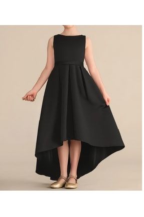 Kız Çocuk Siyah Asimetrik Etek Detaylı Sade Şık Saten Mezuniyet Balo Elbisesi