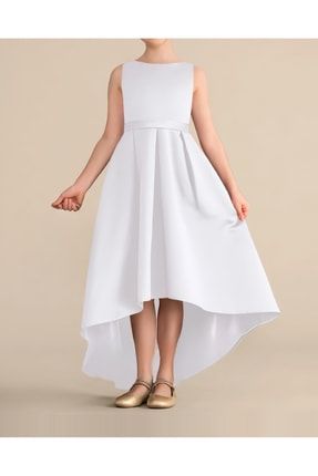 Kız Çocuk Beyaz Asimetrik Etek Detaylı Sade Şık Saten Mezuniyet Doğum Günü parti Elbise