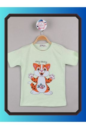 Kısa Kollu Tshirt Kız Çocuk Sevimli Kedicikli Baskılı Pamuklu ERL23790