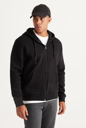 Erkek Siyah Standart Fit Normal Kesim Içi Polarlı 3 Iplik Kapüşonlu Fermuarlı Sweatshirt Ceket