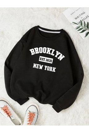 sıyah brooklyn baskılı bisiklet yaka sweatshirt