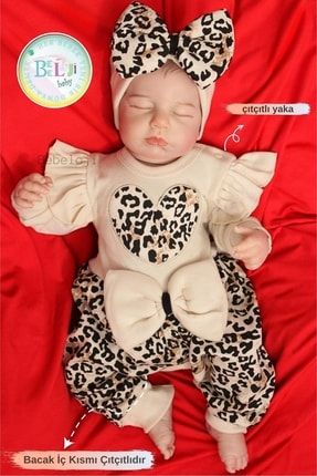 Lena Fiyonklu Leoparlı Kız Bebek Tulum Bandana Set ( Yenidoğan tulum yenidoğan kıyafeti )