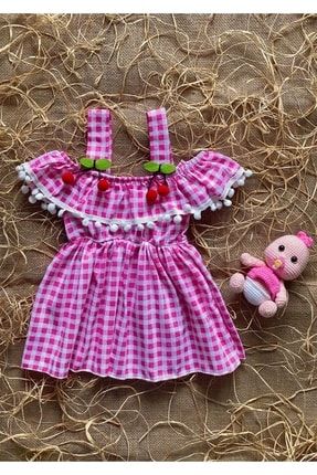 Kız Bebek Kareli Kiraz Detaylı Lüx Elbise Kol Üstü Detaylı