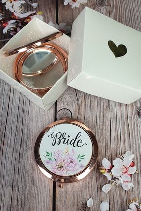 Hediyelik Kutulu Makyaj Aynası, Rose Gold Renk, Bride Yazılı
