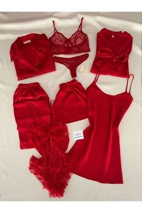 MH Moony Homewears 8 Parça Kırmızı Saten Pijama Gecelik Iç Giyim Efsane  Çeyiz Seti
