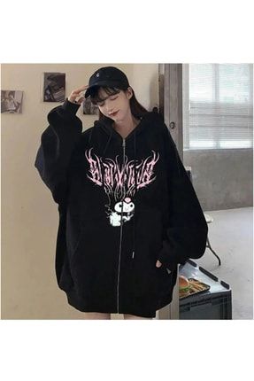 Kuromi Pink Baskılı Oversize Fermuarlı Siyah Unisex Kapüşonlu Hırka