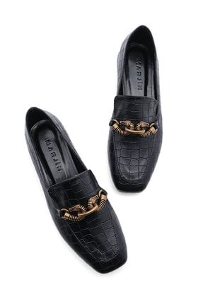 Kadın Loafer Zincir Aksesuarlı Makosen Günlük Ayakkabı Alva siyah Croco