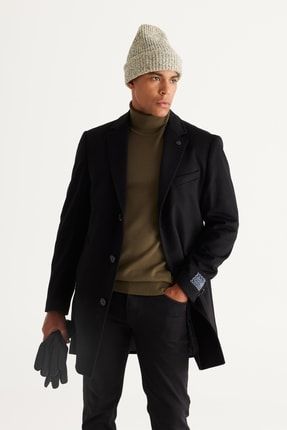 Erkek Siyah Standart Fit Normal Kesim Mono Yaka Kaşmir Karışımlı Yünlü Palto