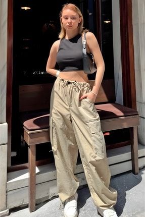 MEON Kargo Pantolon Kadın Yeşil Yüksek Bel Rahat Kesim Cepli Fiyatı,  Yorumları - Trendyol