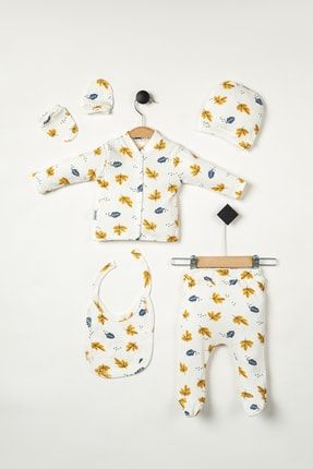 Hastane Çıkış Seti Raporlu %100 Pamuk Yapraklı 5'li Set Yenidoğan Bebek Kıyafetleri - Hediye Paketli
