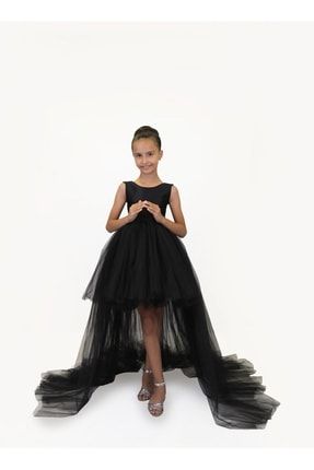 Kız Çocuk Ön kısa Arka Uzun Kuyruk Detaylı SİYAH Saten Balo Parti Mezuniyet Elbise