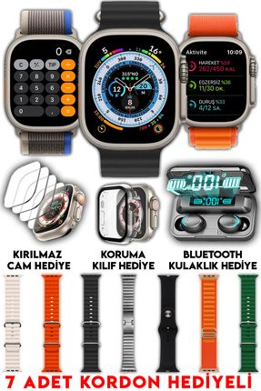 Akıllı Saat Watch Ultra+49mm Bluetooth Kulaklık 7 Kordon Kasa Koruma Kırılmaz Cam Hediye Smartwatch