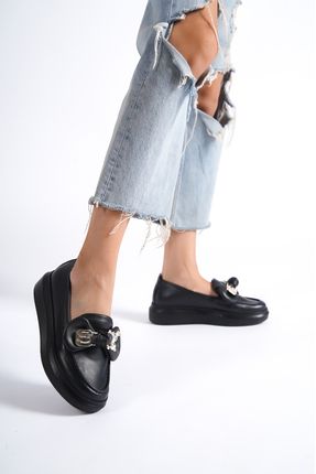 Siyah Cilt Kadın Kurdele Tokalı Loafer Günlük Ayakkabı BG1137-113-0001