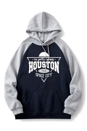 Kapüşonlu Lacivert Gri Kollu Houston Space Oversıze Sweatshirt