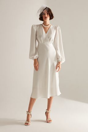 Merry Beyaz Kruvaze Yaka Kloş Elbise 5501