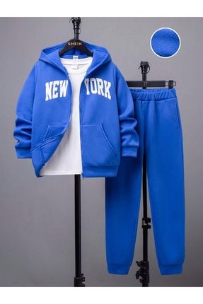 Kids New York Baskılı 3'lü Set Ceket T-shirt Ve Eşofman Çocuk Takımı