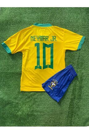 Özel Tasarım Çocuk Brezilya Milli Takım Neymar JR 2022/23 Sarı Halı Saha Forma Tişört Şort Takımı BNbrezl10nymr10sarı221çck