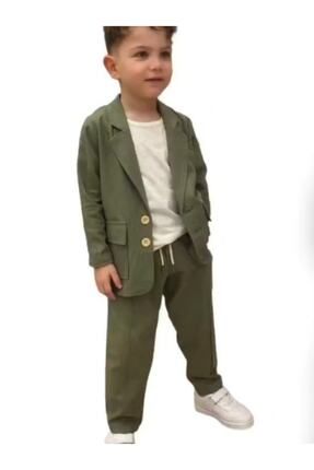Erkek Çocuk Haki Keten Ceket Pantolon T-shırt Takım
