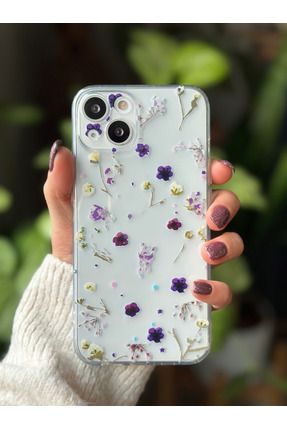 Iphone 13 Ve 14 Uyumlu Mor Çiçek Şeffaf Baskı Desenli Silikon Kılıf