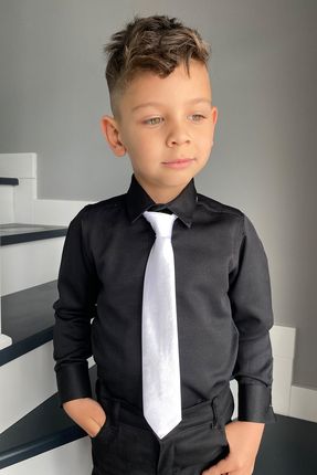 Erkek Çocuk Armürlü Siyah Gömlek Kravat 2'li Takım