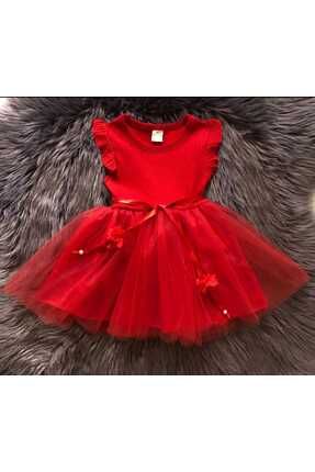 Kız Çocuk Kırmızı Pamuklu Kısa Kol Özel Gün Doğum Günü Yılbaşı Hediye Günlük Prenses Elbise
