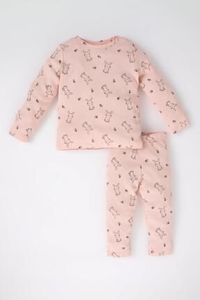 Kız Bebek Tavşan Baskılı Fitilli Kaşkorse Uzun Kollu Pijama Takımı