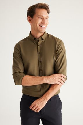 Erkek Haki Düğmeli Yaka Kolay Ütülenebilir Pamuklu Slim Fit Dar Kesim Oxford Gömlek