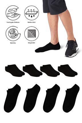 Bambu Erkek Sneaker Siyah Çorap Dikişsiz Görünmez Bilekte Spor Çorap Premium 4'lü Paket