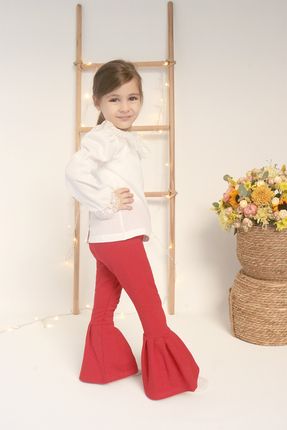 Kız Çocuk Kırmızı Ispanyol Paça Yüksek Bel Lastikli Tayt Pantolon