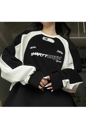 Y2K Streetwear Smarttooth Baskılı Siyah Unisex Oversize Bisiklet Yaka Sweatshirt