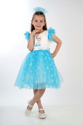 Elsa Karlar Kraliçesi Kız Çocuk Parti Elbisesi TURKUAZ