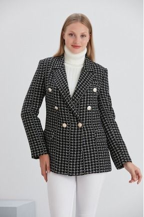 brako tekstil Chanel Kuma Omuzlar Vatkal Ekose Desen Blazer Ceket K sa Boy Fiyat Yorumlar Trendyol