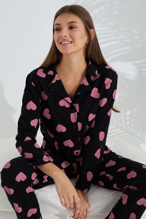 siyah pembe kalp desenli Pamuklu Düğmeli Pijama Takımı