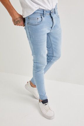 Erkek Jeans Skinny Fit Likralı Buz Mavi Tırnaklı