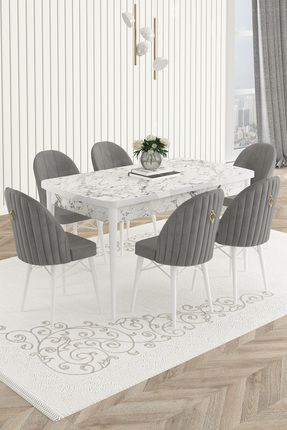 MONACO Beyaz 80x132 Açılabilir Mutfak Masa Takımı ve Yemek Odası Takımı 6 Adet Sandalye