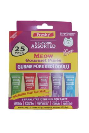 Meow Gourmet 5 Çeşit Karma Paket - Gurme Püre Kedi Ödül Maması - 25'li Paket - Toplam 300 gram