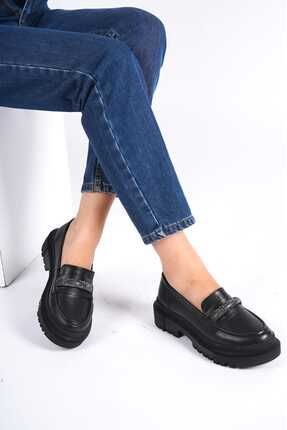 Sade Siyah Kadın Taşlı Günlük Loafer Ayakkabı Wsb0214