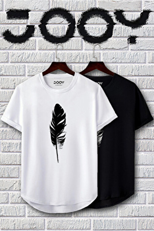 Unisex Siyah Beyaz Oval Kesim Tüy Tasarım Tshirt Ikili Set