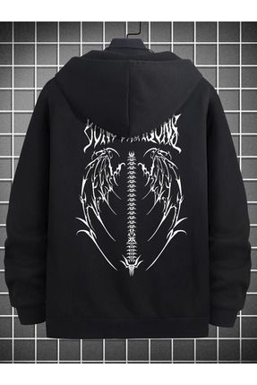 Kanat Tasarım Sweatshirt Fermuarlı Hırka - Siyah Baskılı Oversize Cepli Kışlık Kapüşonlu