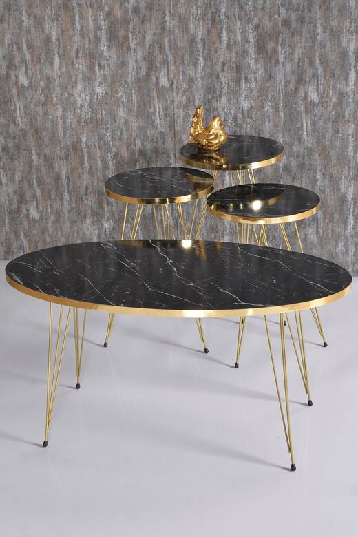 Zigon Sehpa Ve Orta Sehpa Elips Set Gold Bendir Tel