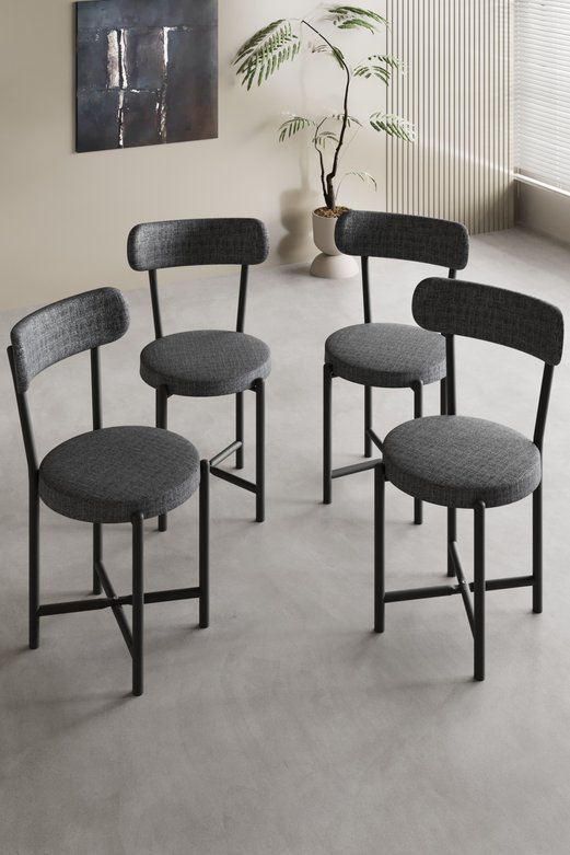 Sandalye 4 Adet Keten Kumaş Metal Ayak Modern Mutfak Sandalyesi Cafe Balkon Ofis Teddy 9809 Antrasit