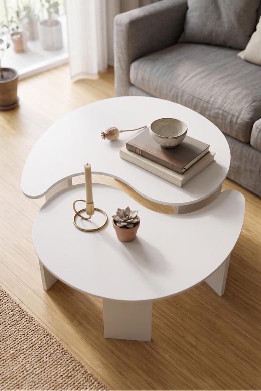 Orta Sehpa 2'li Sehpa Seti Oval Modern Dekoratif Salon Oturma Odası Sehpası Denge 9255 Beyaz