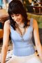 Women's Baby Blue Six Holes Front Back V Summer Knitwear Blouse BLZ-19000909